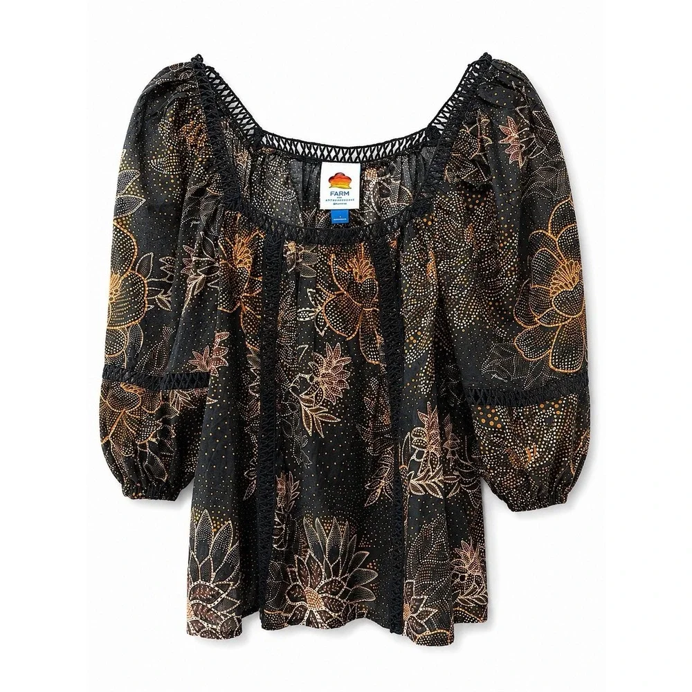 NWT FARM Rio x Anthropologie Floral Puff Sleeve Cotton Blouse Black Size L